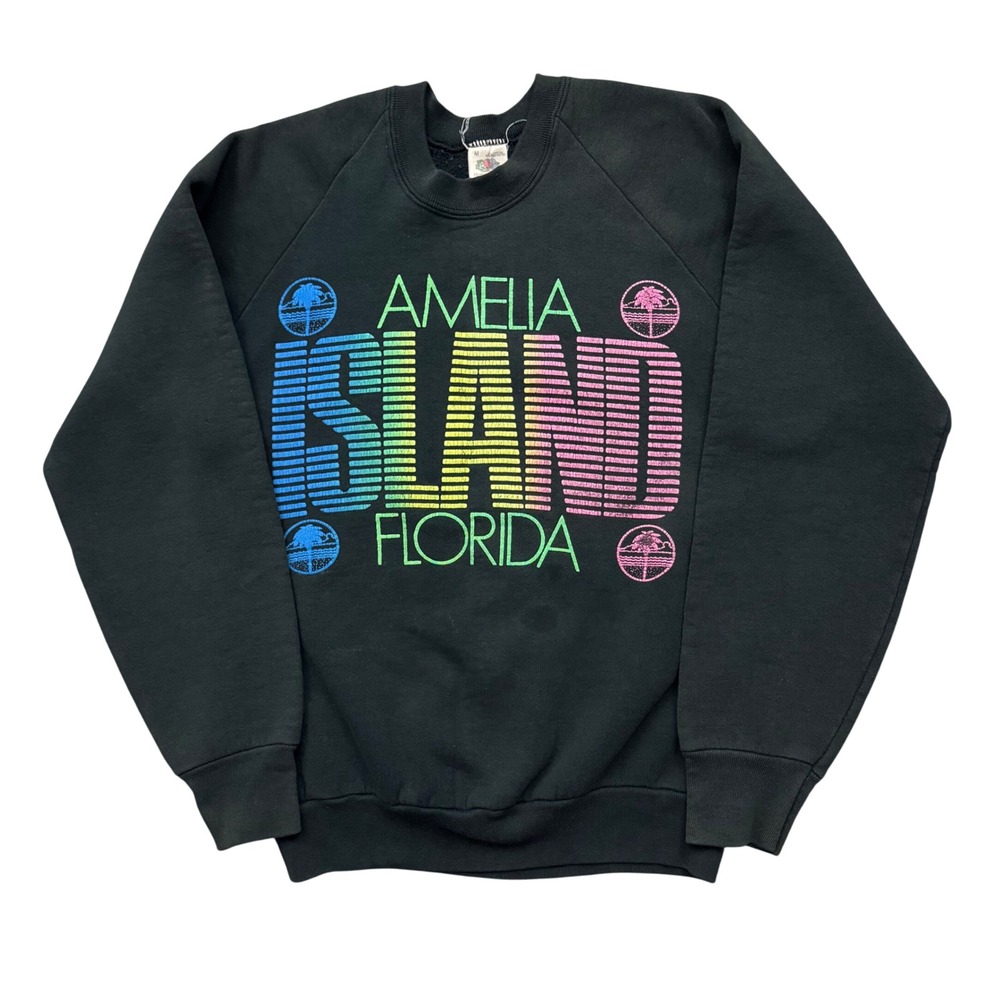 Vintage Amelia Island Florida Beach Palm Tree Sweatshirt Black Neon Graphic